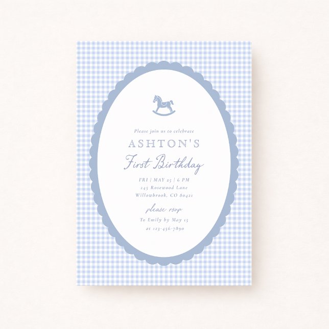 Blue Gingham Rocking Horse Boy Birthday Invitation Meddelande (Skapare uppladdad)