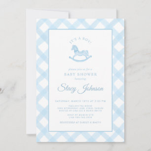 Blue Gingham Rocking Horse Boy Shower Inbjudan
