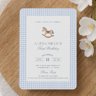 Blue Gingham Rocking Horse boys Birthday Inbjudningar