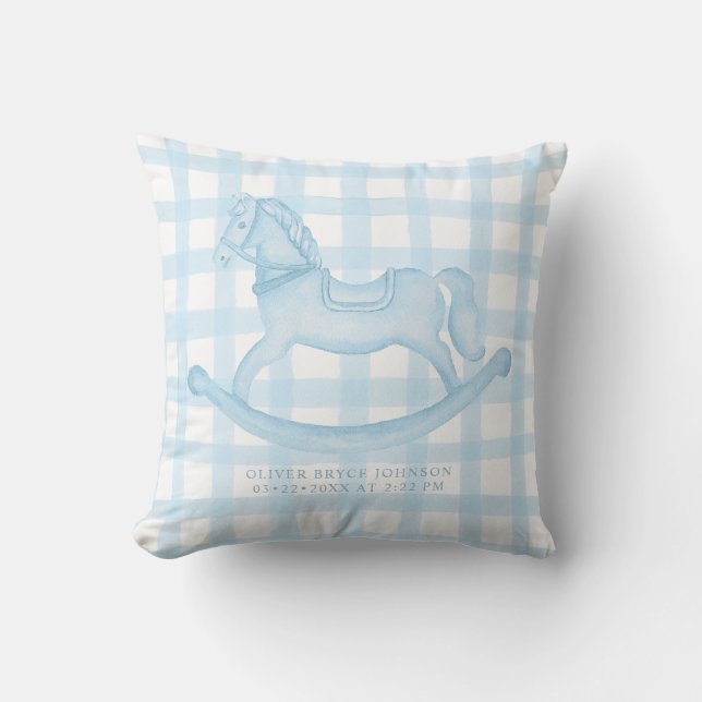 Blue Gingham Rocking Horse Pojke Birth Pillow Kudde (Framsida)