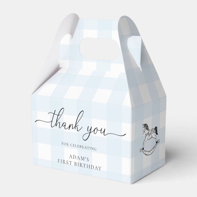 Blue Gingham Rocking Horse Tack Favor Box Presentaskar (Framsidan Sidan)