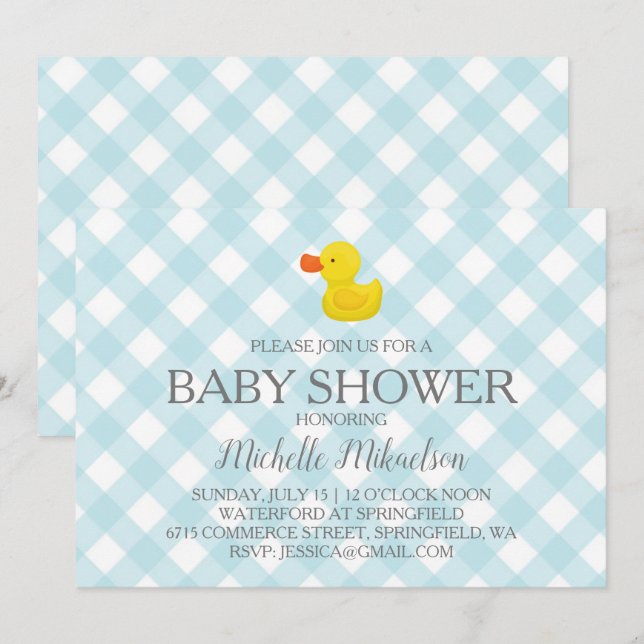 Blue Gingham Rubber Duckie Baby Shower Inbjudningar (Fram/baksida)