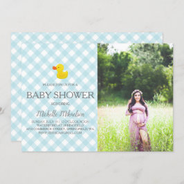 Blue Gingham Rubber Duckie Baby Shower Photo Inbjudningar