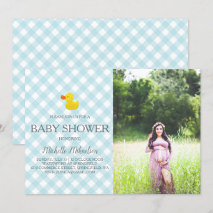Blue Gingham Rubber Duckie Baby Shower Photo Inbjudningar