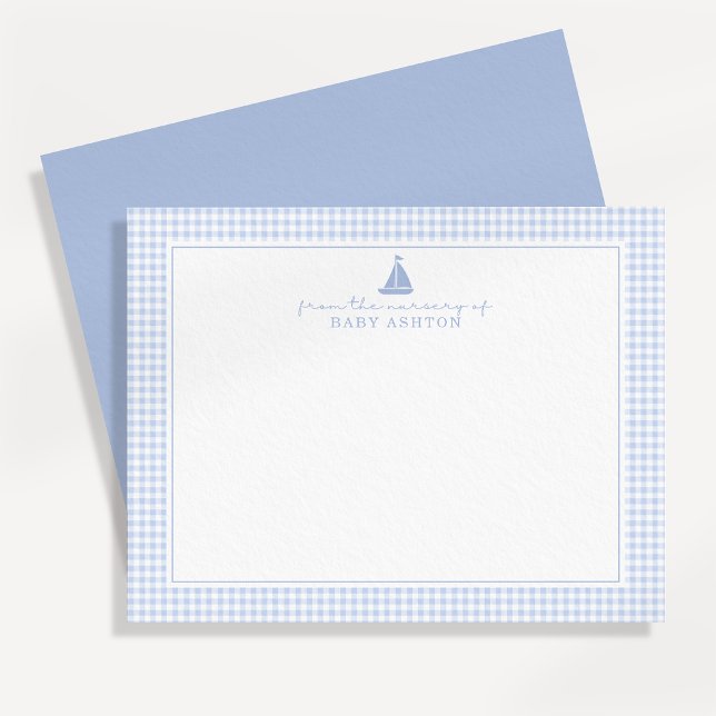 Blue Gingham Sailboat Nursery Note Card Meddelande (Skapare uppladdad)