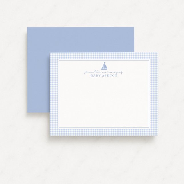 Blue Gingham Sailboat Nursery Note Card Meddelande (Skapare uppladdad)