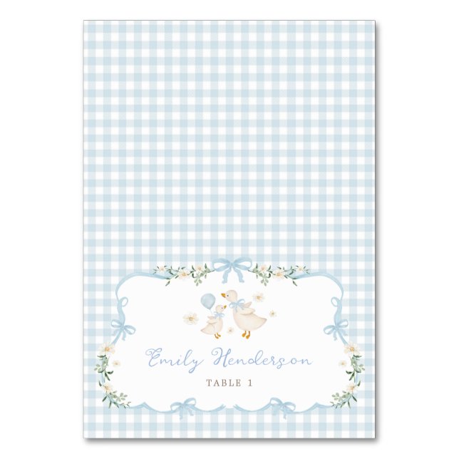 Blue Gingham Silly Goose Table Place Cards Bordsnummer (Framsidan)