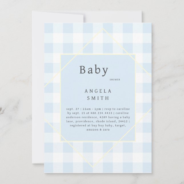 Blue Gingham Simple Baby Shower Inbjudningar (Framsida)