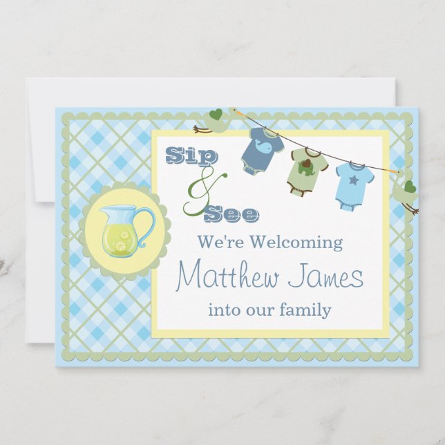 Blue Gingham Sip och See Bunting Baby bjudande Inbjudningar (Framsida)