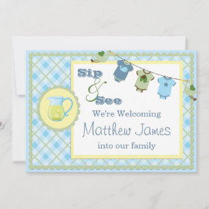 Blue Gingham Sip och See Bunting Baby bjudande Inbjudningar