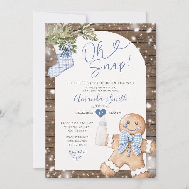 Blue Gingham Skogen Oh Snap jul Baby Shower Inbjudningar (Framsida)