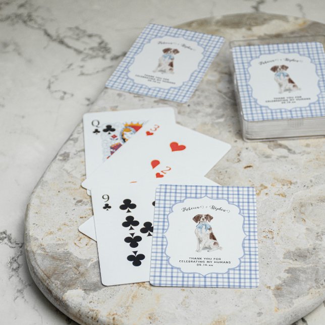 Blue Gingham | Spaniel Dog Illustration Wedding Casinokort (Skapare uppladdad)