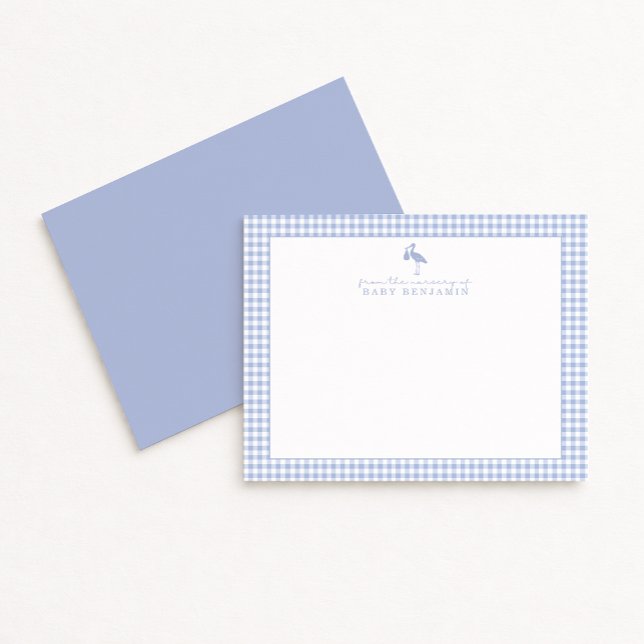 Blue Gingham Stork Nursery Note Card Inbjudningar (Skapare uppladdad)