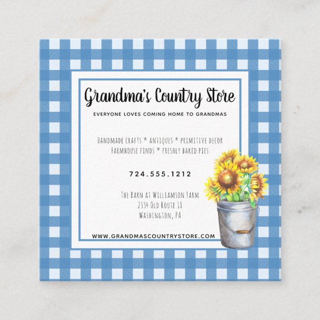 Blue Gingham & Sunblommor Rustic Land Business Fyrkantigt Visitkort (Framsida)
