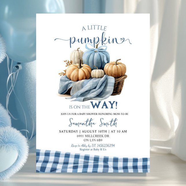 Blue Gingham Sweet Pumpkin Baby Shower Inbjudningar (Skapare uppladdad)