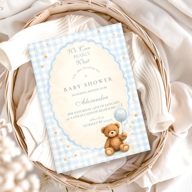 Blue Gingham Teddy Bear Baby Shower Inbjudningar (Skapare uppladdad)