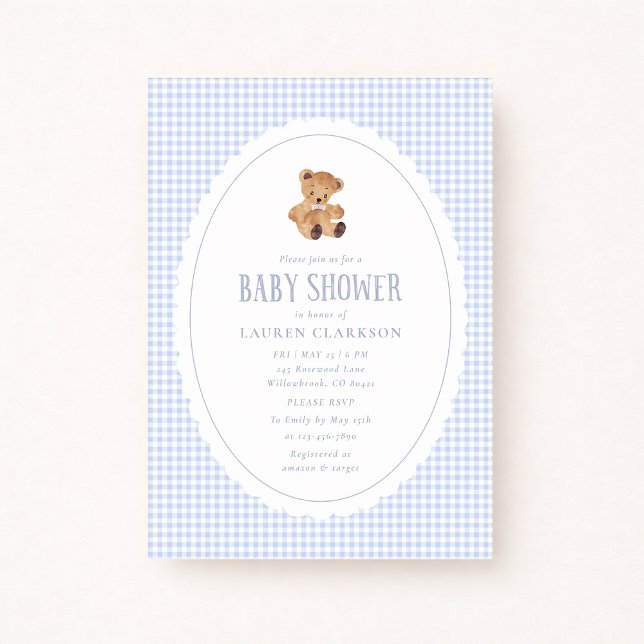 Blue Gingham Teddy Bear Baby Shower Invitation Meddelande (Skapare uppladdad)