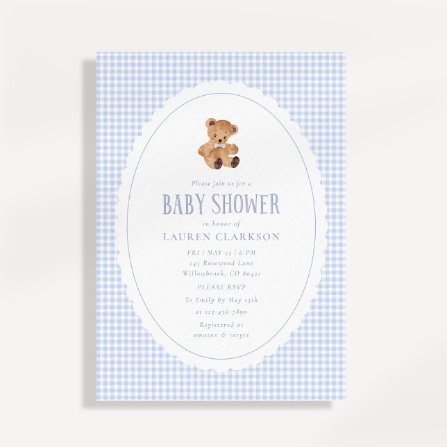Blue Gingham Teddy Bear Baby Shower Invitation Meddelande (Skapare uppladdad)