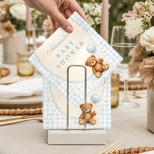 Blue Gingham Teddy Bear Baby Shower Pappersservett (Skapare uppladdad)