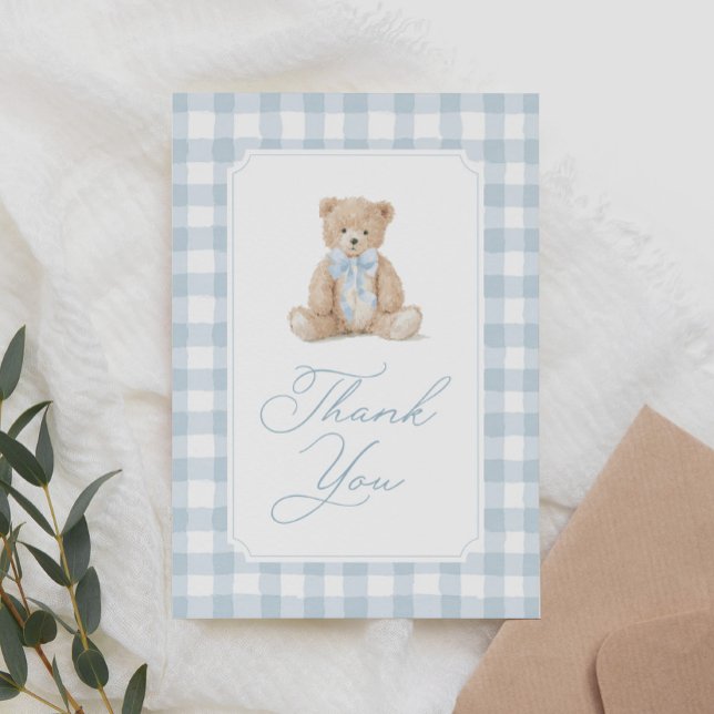 Blue Gingham Teddy Bear Baby Shower Tack Kort (Skapare uppladdad)