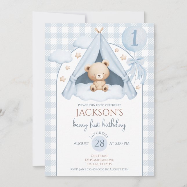Blue Gingham Teddy Bear Balloon Boy 1st Birthday Inbjudningar (Framsida)