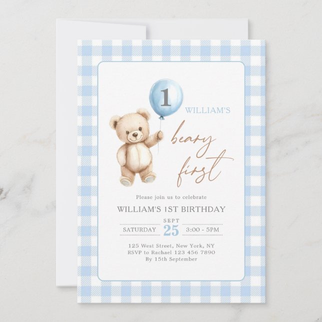 Blue Gingham Teddy Bear Balloon Boy 1st Birthday Inbjudningar (Framsida)