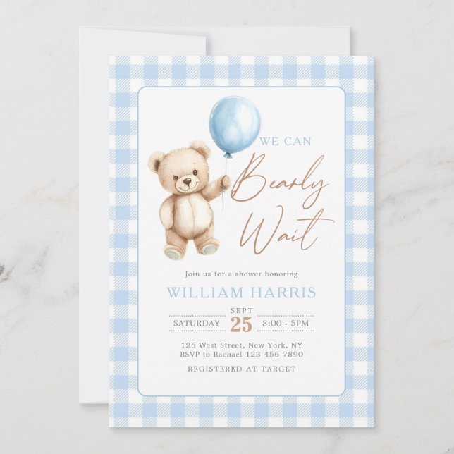 Blue Gingham Teddy Bear Balloon Boy Baby Shower Inbjudningar (Framsida)