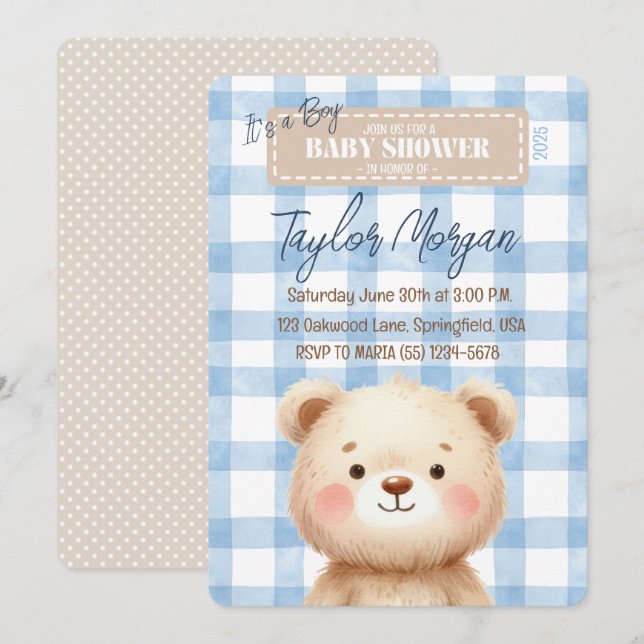 Blue Gingham Teddy Bear Inbjudningar (Fram/baksida)