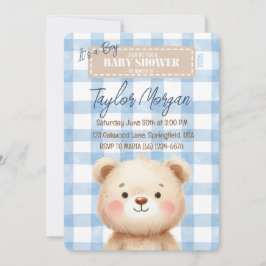 Blue Gingham Teddy Bear Inbjudningar