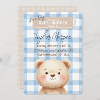 Blue Gingham Teddy Bear Inbjudningar