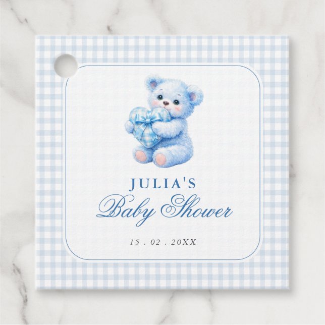 Blue Gingham Teddy Bear Neutral Baby Shower Gåvor Etiketter (Framsida)