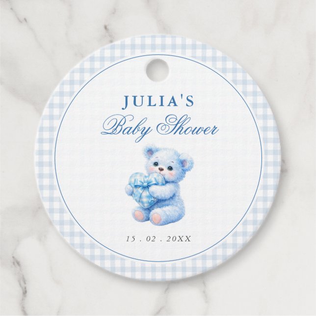 Blue Gingham Teddy Bear Neutral Baby Shower Gåvor Etiketter (Framsida)