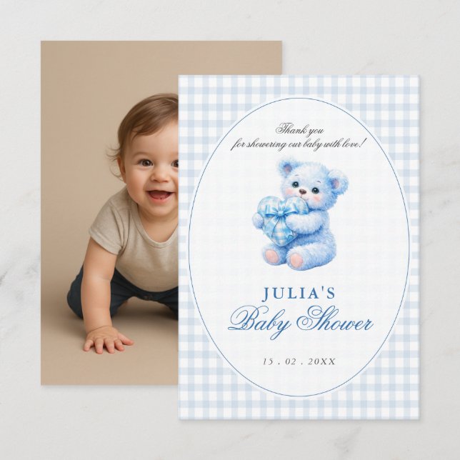 Blue Gingham Teddy Bear Neutral Baby Shower Inbjudningar (Fram/baksida)