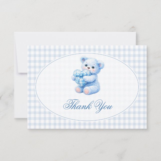 Blue Gingham Teddy Bear Neutral Baby Shower Inbjudningar (Framsida)