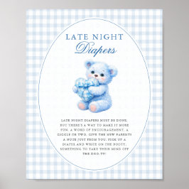 Blue Gingham Teddy Bear Neutral Baby Shower Poster