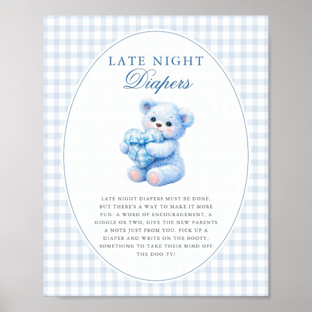 Blue Gingham Teddy Bear Neutral Baby Shower Poster (Framsidan)