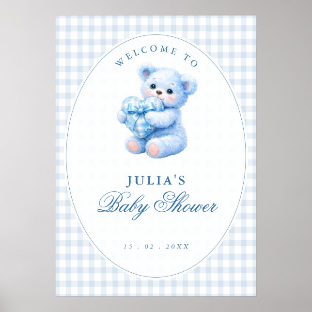 Blue Gingham Teddy Bear Neutral Baby Shower Poster (Framsidan)
