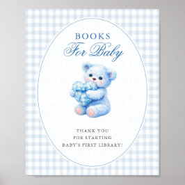 Blue Gingham Teddy Bear Neutral Baby Shower Poster