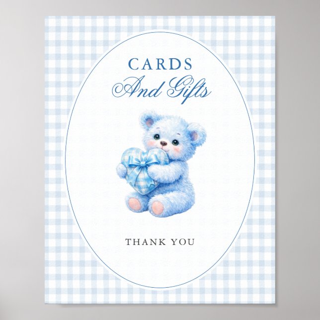 BLUE GINGHAM TEDDY BEAR NEUTRAL BABY SHOWER POSTER (Framsidan)