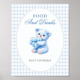Blue Gingham Teddy Bear Neutral Baby Shower Poster