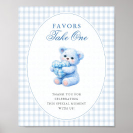 Blue Gingham Teddy Bear Neutral Baby Shower Poster