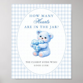 Blue Gingham Teddy Bear Neutral Baby Shower Poster