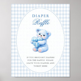 Blue Gingham Teddy Bear Neutral Baby Shower Poster