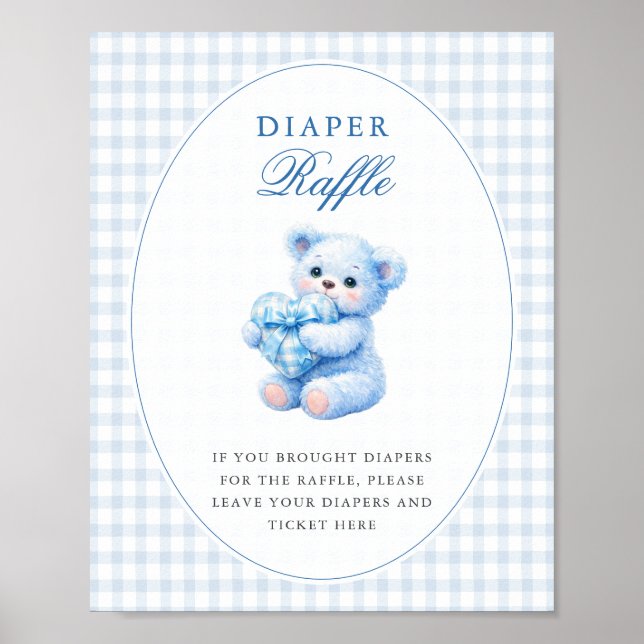 BLUE GINGHAM TEDDY BEAR NEUTRAL BABY SHOWER POSTER (Framsidan)