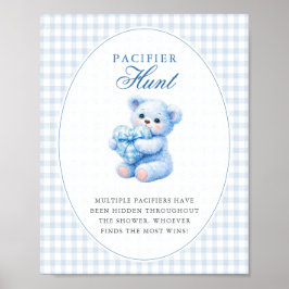Blue Gingham Teddy Bear Neutral Baby Shower Poster