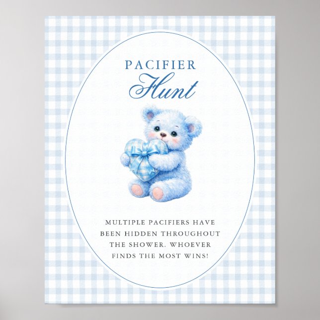 Blue Gingham Teddy Bear Neutral Baby Shower Poster (Framsidan)