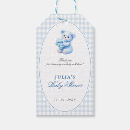 Blue Gingham Teddy Bear Neutral Baby Shower Presentetikett