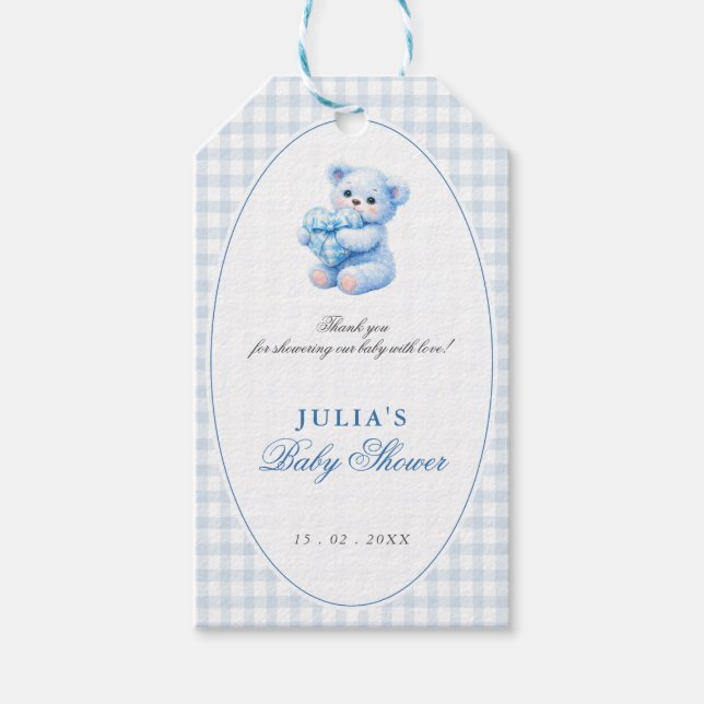 Blue Gingham Teddy Bear Neutral Baby Shower Presentetikett (Framsidan)