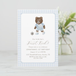 Blue Gingham Teddy Bear Soccer First Kick Inbjudningar