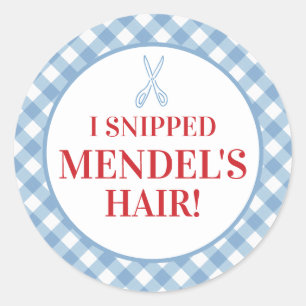 Blue Gingham Upsherin "I Snippe Hans Hair!" Fäst Runt Klistermärke
